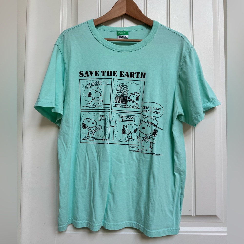 Benetton Mint Green Peanuts Snoopy Save The Earth Recycling Cotton T Shirt. L